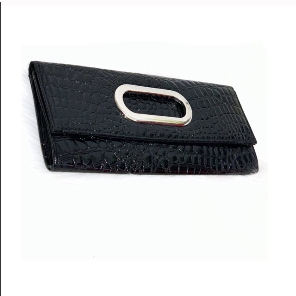 Black Gator Embossed Faux Patent Leather Clutch